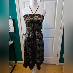 Y2K Brown & Aqua Halter Midi Dress – Small